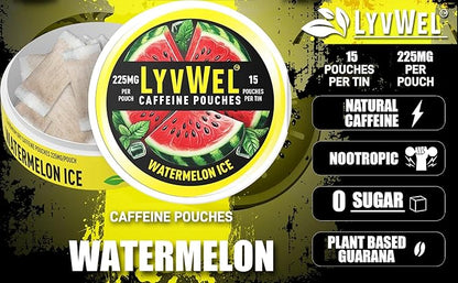 LyvWel Ultra Caffeine Pouch – Watermelon – 225mg Natural Caffeine with Guarana – Juicy Energy Boost for Focus & Hydrated Vibes – 1-Pack (15 Pouches)