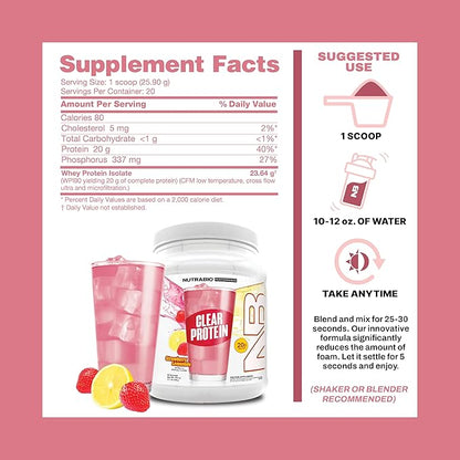 NutraBio Clear Protein Powder, Strawberry Lemonade - 20 Servings, 20g Clear Whey Protein Isolate, 0 Sugar, 0g Lactose, Refreshing Fruit Flavors, GLP1 Support -Bone Health -Muscle Post Workout Recovery