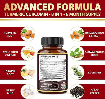 7 in 1 Turmeric Curcumin + Apple Cinder Vinegar Capsules, 6 Month Supply with Ashwagandha, Ginger, Garlic Bulb, 180 Capsules