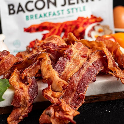 Breakfast Style Bacon Jerky, 14g Protein Per Bag, Tender & Easy to Chew Fully Cooked Bacon, USA Made, High Protein Carnivore Snacks (2 Bags)