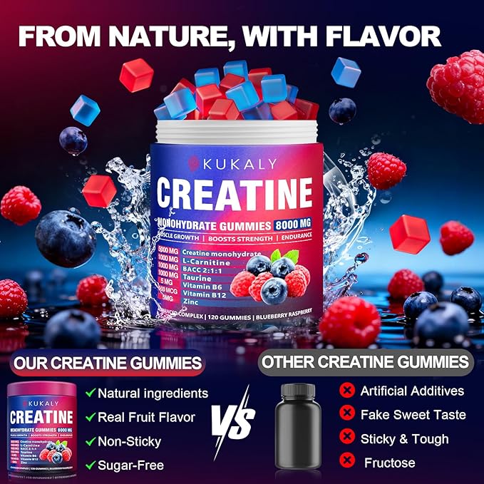 KUKALY Creatine Monohydrate Gummies for Men & Women, 8500MG Creatine Gummies Sugar Free Mixed Flavored with L-Taurine, BCAA 2:1, B12 B6 for Boost Strength, Focus & Endurance, Vegan, Non-GMO, 120pcs