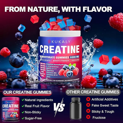 KUKALY Creatine Monohydrate Gummies for Men & Women, 8500MG Creatine Gummies Sugar Free Mixed Flavored with L-Taurine, BCAA 2:1, B12 B6 for Boost Strength, Focus & Endurance, Vegan, Non-GMO, 120pcs