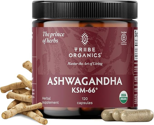 TRIBE ORGANICS Ashwagandha KSM 66 Pure Organic Root Powder Extract Ayurvedic Supplement - Focus, Mood Support, Increase Energy, Strength, 600mg of Natural KSM66 for Superior Absorption - 120 Capsules