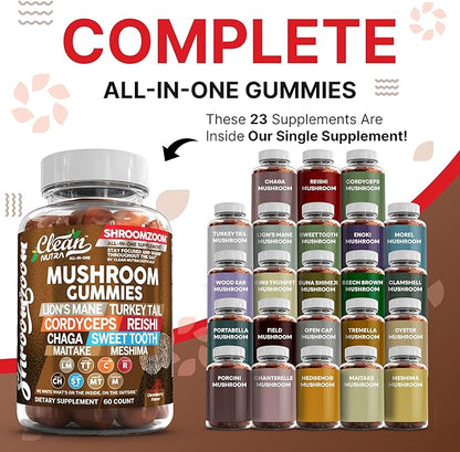 15in1 Mushroom Gummies with Lion's Mane Turkey Tail Cordyceps Reishi Chaga Sweet Toot Maitake Meshima Poria Cocos Shiitake Tremella, Oyster Agaricus Mushrooms for Men and Women Supplement Clean Nutra