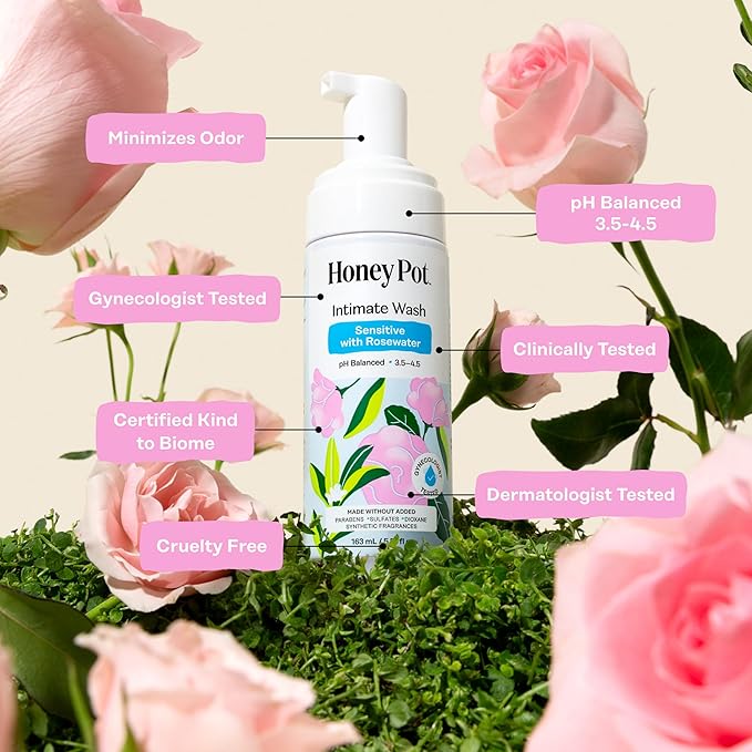 The Honey Pot Company - Feminine Wash - Herbal Infused - Sensitive Skin Types - PH Balanced Plant Based Hygiene Products - Sensitive w/Rosewater - 5.51 Fluid Oz.