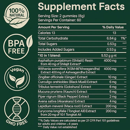 Alpha Gummies 10 in 1 for Men | 4000mg Himalayan Alpha Shilajit Gummies for Energy & Immune | 75% Fulvic Acid, 85+ Trace Minerals, Ashwagandha, Gokshura | No Added Sugar, Non-GMO, 60 Count (1)