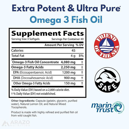 Arazo Nutrition Wild Caught Omega-3 Fish Oil Concentrate – 4,080mg per Serving – High EPA 1200mg & DHA 900mg – 120 Burpless Lemon Softgels