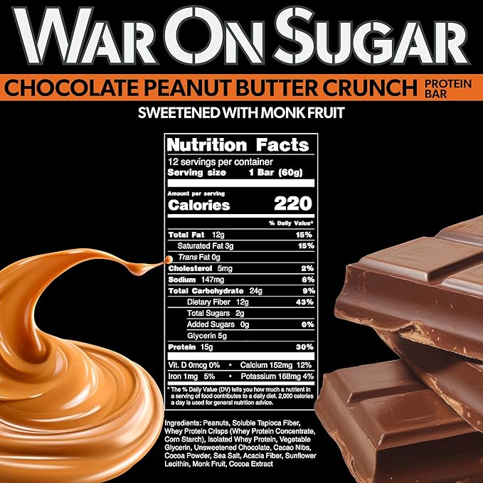 War on Sugar Chocolate Peanut Butter Crunch - High Protein Bars, No Sugar Added, 15g Protein, 7g Net Carbs, Keto Friendly, Gluten Free, All-Natural Ingredients, Monk Fruit Sweetened, No Crash - 12 Count Box
