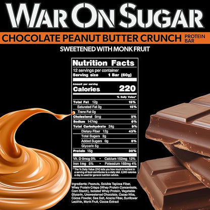War on Sugar Chocolate Peanut Butter Crunch - High Protein Bars, No Sugar Added, 15g Protein, 7g Net Carbs, Keto Friendly, Gluten Free, All-Natural Ingredients, Monk Fruit Sweetened, No Crash - 12 Count Box