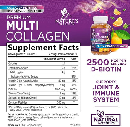 Collagen Peptides Gummies with 2500mcg Biotin Per Serving - Hair Growth, Skin & Nails Supplement - Hydrolyzed Collagen Multi Type I & III, Vitamin C for Immune Support, Orange Flavor, 120 Gummies