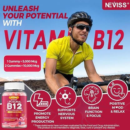 Methyl B12 Gummies 5000 mcg 10000 mcg w/L-Methylfolate, B6, D3 Vitamin C, Lion's Mane Mushroom, L-Theanine, CoQ10, Extra Strength Vitamin B12 Gummies Supplement - Energy, Focus, Brain & Immunity 1Pack