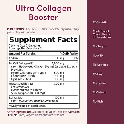 Nature's Bounty Optimal Solutions Ultra Collagen Booster for Healthy-Aging Supplement, Resveratrol, Hyaluronic Acid – Collagen Capsules for Women, 48 Capsules (Pack of 2)