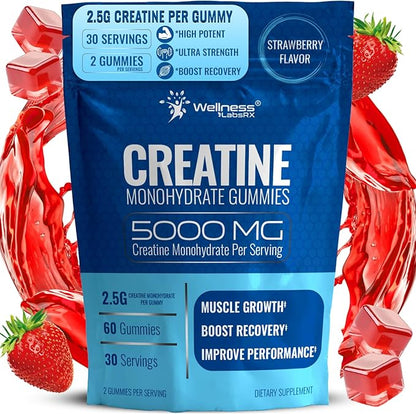 Creatine Gummies 5000mg, 30 Servings Creatine Monohydrate Gummies - Third-Party Tested Creatine for Women, Strawberry Flavor Creatine for Men, Muscle Growth, Strength, and Recovery - Pack of 1