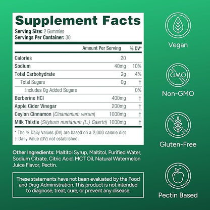 GLP-1 Support Supplement, Sugar-Free Berberine Complex Gummies with Ceylon Cinnamon, Milk Thistle, and ACV [AMPK Metabolic Activator] Berberine Supplement for Weight Loss & Appetite Support