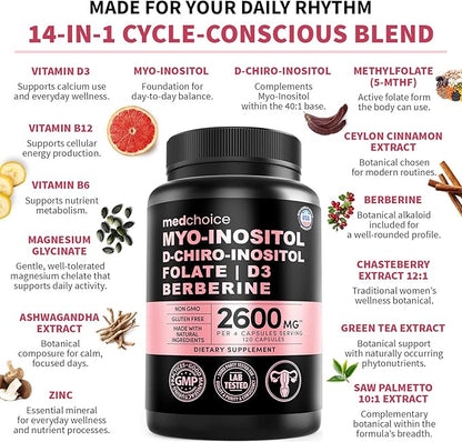 14-in-1 Women’s Inositol Complex Supplement – 40:1 Myo & D-Chiro Inositol with Folate, Vitamin D3, Zinc, Magnesium & Botanicals for Hormone & Feminine Wellness Support – (120 Capsules) (Pack of 1)