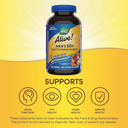 Nature's Way Alive! Men’s 50+ Daily Gummy Multivitamins, Supports Healthy Brain, Eyes, Heart*, B-Vitamins, Gluten-Free, Fruit Flavored, 150 Gummies (Packaging May Vary)