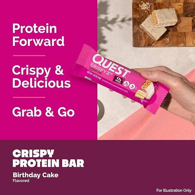 Quest Nutrition Crispy Birthday Cake Protein Bar, 17g Protein, 1g Sugar, 2g Net Carbs, Gluten Free Protein Snack, Keto Friendly, 4 Count