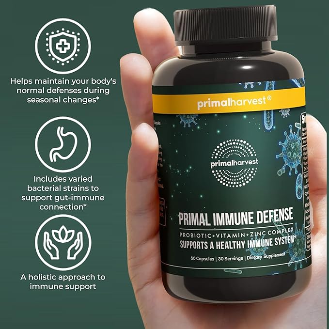 Primal Harvest Immune Defense 10-in-1 Supplement with Probiotics, Zinc, and Vitamins C, D3, K2, B6 Daily Immune Support for Adults