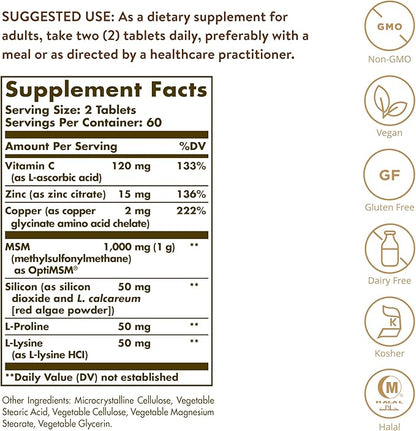Solgar Skin, Nails & Hair, Advanced MSM Formula, 120 Tablets - Supports Collagen for Hair, Nail and Skin Health - Provides Zinc, Vitamin C & Copper - Non GMO, Vegan, Gluten & Dairy Free - 60 Servings