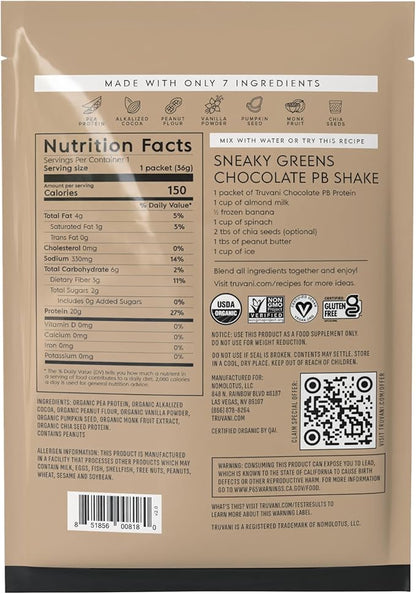 Truvani Vegan Pea Protein Powder | Chocolate Peanut Butter | 20g Organic Plant Based Protein | 1 Serving | Keto | Gluten & Dairy Free | Low Carb | No Added Sugar