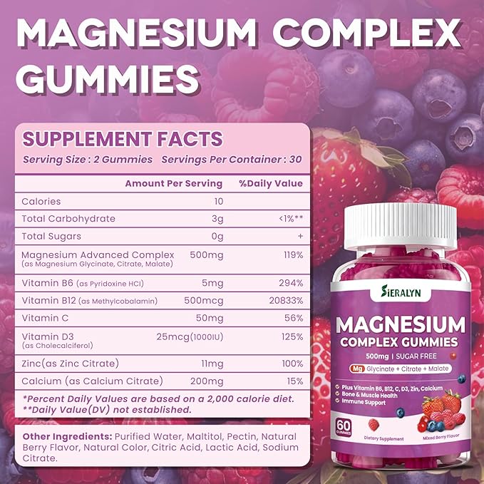 Magnesium Complex Gummies 500mg - Magnesium Glycinate, Citrate, Malate with Vitamin D3, C, B6, B12, Zinc & Calcium, Magnesium Supplement Chewable Support Calm, Muscle, Mood - Vegan 60 Counts