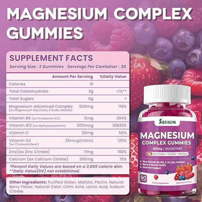 Magnesium Complex Gummies 500mg - Magnesium Glycinate, Citrate, Malate with Vitamin D3, C, B6, B12, Zinc & Calcium, Magnesium Supplement Chewable Support Calm, Muscle, Mood - Vegan 60 Counts