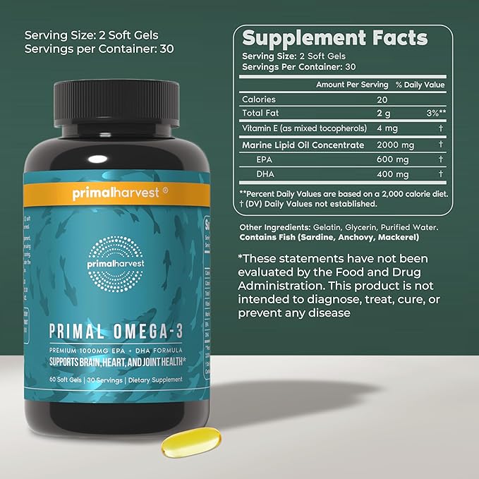 Primal Harvest Omega 3 Fish Oil Supplements, 30 Servings Soft Gels Capsules w/ 1000mg EPA + DHA Supplements, No Fishy Burps Non-GMO Omega 3 Fatty Acid
