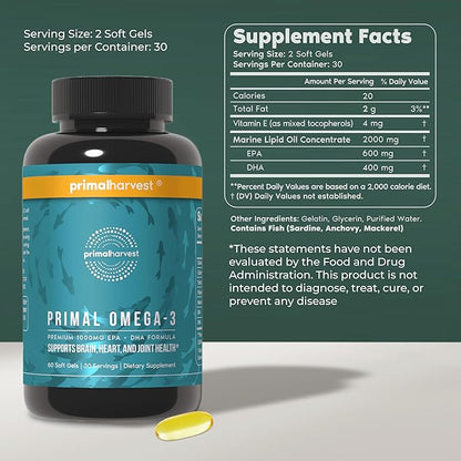 Primal Harvest Omega 3 Fish Oil Supplements, 30 Servings Soft Gels Capsules w/ 1000mg EPA + DHA Supplements, No Fishy Burps Non-GMO Omega 3 Fatty Acid, 2 Pack