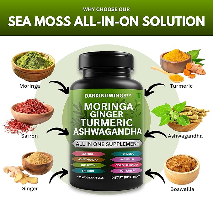 Turmeric Curcumin Moringa Supplement Ginger Boswellia Saffron - Joint Support Supplements for Women and Men with Ceylon Cinnamon, Tart Cherry, Quercetin Garlic Nettle Holy Basil - 120 Count