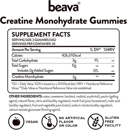 Creatine Monohydrate Gummies - 30 Servings - Vegan Creatine Chews for Muscle Growth, Muscle Recovery, Workout Recovery, Anaerobic Endurance - No Loading Phase - No Bloating - Strawberry - No Sugar