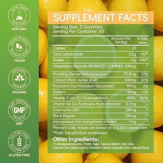 Magnesium Glycinate Gummies 600mg, Chewable Magnesium Supplements for Adults, Men and Women, Vitamin D, B6 and CoQ10, Potassium Magnesium Gummy for Sleep, Relaxation, Brain & Muscle, 120 Gummies