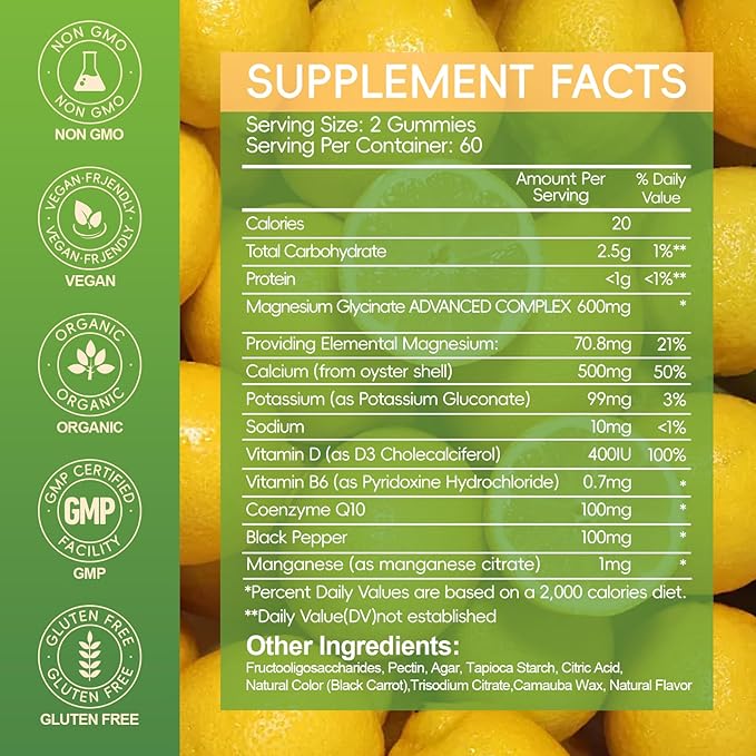 Magnesium Glycinate Gummies 600mg for Women and Men, High Absorption Magnesium Glycinate with Vitamin D, B6, and CoQ10 for Calm Support & Sleep, Sugar Free, Vegan, 60 Days Supply