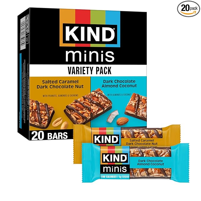KIND Mini Snack Bars Variety Pack, Gluten Free, Low Sugar, Low Calorie Snacks, Salted Caramel Dark Chocolate Nut, Dark Chocolate Almond Coconut, 20 Count