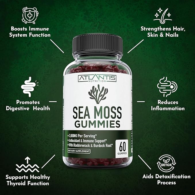Irish Sea Moss Gummies - 3000MG - Formulated w/ Irish Sea Moss, Bladderwrack & Burdock Root, Contain Essential Vitamin & Mineral - Antioxidant-Rich Superfood Supplement, 60 Sea Moss Gummies for Adults