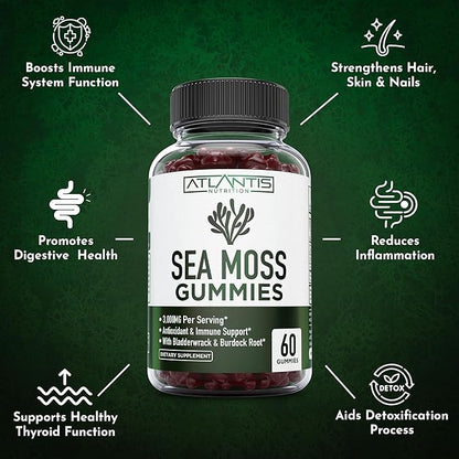 Irish Sea Moss Gummies - 3000MG - Formulated w/ Irish Sea Moss, Bladderwrack & Burdock Root, Contain Essential Vitamin & Mineral - Antioxidant-Rich Superfood Supplement, 60 Sea Moss Gummies for Adults