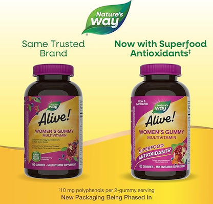 Nature's Way Alive! Women's Daily Gummy Multivitamins, 16 Vitamins & Minerals, Energy Metabolism*, Hair Skin & Nails*, Vegetarian, Mixed Berry Flavored, 150 Gummies (Packaging May Vary)
