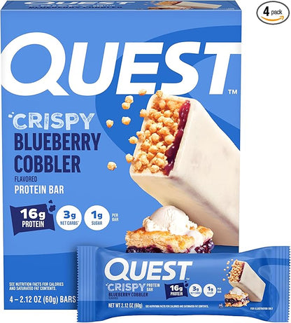 Quest Nutrition Crispy Blueberry Cobbler Hero Protein Bar, 16g Protein, 1g Sugar, 3g Net Carb, Gluten Free Protein Snack, Keto Friendly, 4 Count