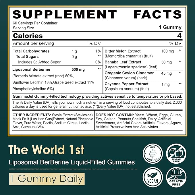 LILICARE Berberine 500mg Supplement, Once Daily, Liposomal Gummies with Ceylon Cinnamon, Bitter Melon, Banaba Leaf for Metabolism Balanced, AMPK Activator, High Absorption, Sugar Free, Vegan, 60 Cts