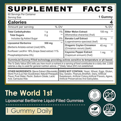 LILICARE Berberine 500mg Supplement, Once Daily, Liposomal Gummies with Ceylon Cinnamon, Bitter Melon, Banaba Leaf for Metabolism Balanced, AMPK Activator, High Absorption, Sugar Free, Vegan, 60 Cts