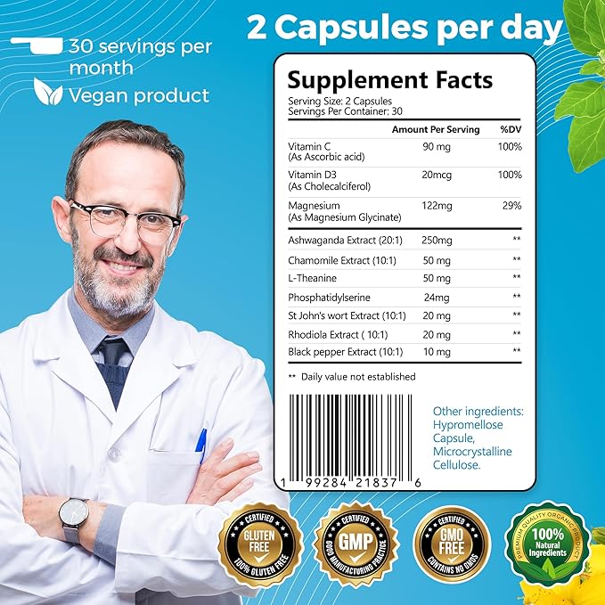 10-in-1 Cortisol Supplements with Magnesium, Ashwagandha, Chamomile, L-Theanine, St. John's Wort, Rhodiola, 60 Capsules, Cortisol Supplements For Women -& Men, Cortisol Reducer, High cortisol
