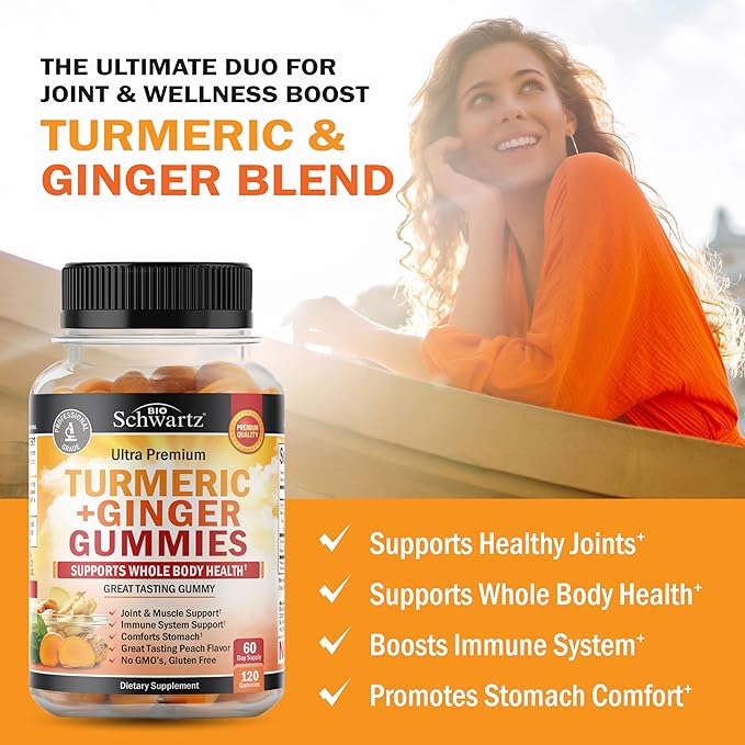 Turmeric Curcumin with Ginger Gummies - Natural Extra Strength Joint Support Supplement, Delicious Peach Flavor Ultra High Absorption Turmeric Supplement Non-GMO, Gluten Free 120 Count
