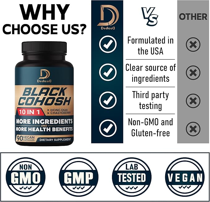 DEDICAD Black Cohosh Supplement - 3 Months for Menopause & Immune Health - Blend of 12 Potent Herb Includes Dong Quai, Chasteberry, Wild Yam, Red Clover, Black Pepper & Others - 90 Vegan Capsules