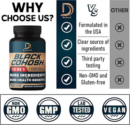 DEDICAD Black Cohosh Supplement - 3 Months for Menopause & Immune Health - Blend of 12 Potent Herb Includes Dong Quai, Chasteberry, Wild Yam, Red Clover, Black Pepper & Others - 90 Vegan Capsules