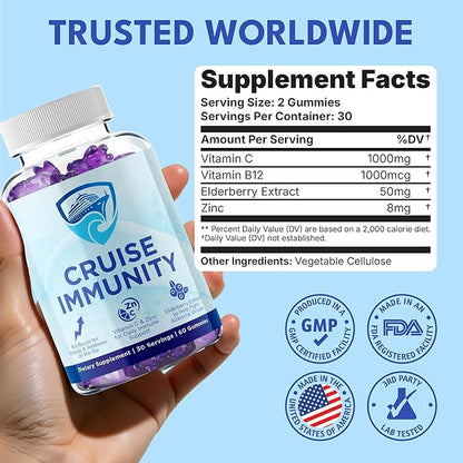 Immune Support Gummies for Cruisers with Vitamin C, B12, Zinc, Elderberry Extract, 60 Gummies, 30 Servings, Cruise and Travel Specific Wellness Supplement