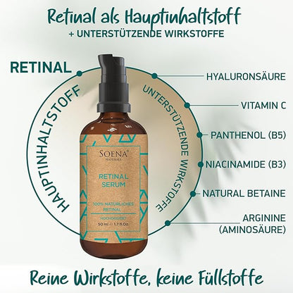 SOENA Retinol Serum for Face – The Best Retinol Form (Retinal) + 7 Active Ingredients = Hyaluronic Acid, Vitamin C, Niacinamide | Anti Aging Wrinkle & Fine Line Treatment – Made in Germany – 1.7 Fl Oz