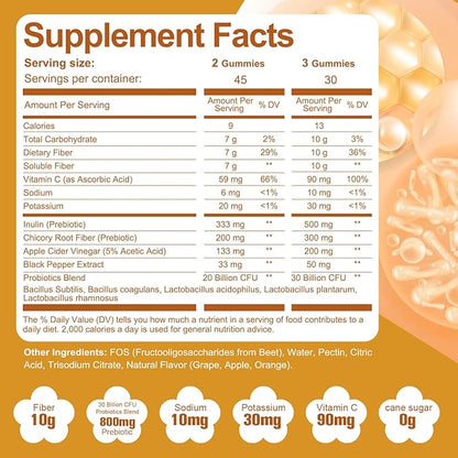 Migcopat 10G Fiber Gummies with Probiotics, Fiber Supplement with 30 Billion CFU Probiotics Blend, ACV, Vitamin C, Inulin - Support Digestive Health - No Sugar Added - Fruit Flavored - 90 Count