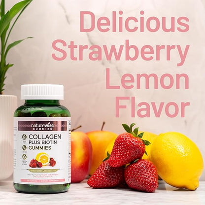NatureWise Collagen Gummies - Hydrolyzed Collagen Gummies - Type 1 & 3 Peptides for Women + Biotin, Vitamin C, E, & Zinc for Hair Skin and Nails Support - 60 Count[1-Month Supply]
