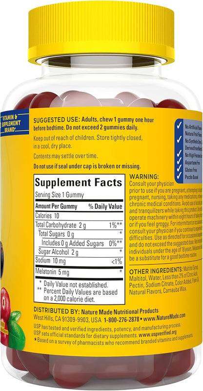 Nature Made Zero Sugar Melatonin 5mg Sleeping Gummies for Adults Extra Strength, 100% Drug Free Sleep Aid, Aspartame Free, 70 Sugar Free Melatonin Gummies, 70 Day Supply