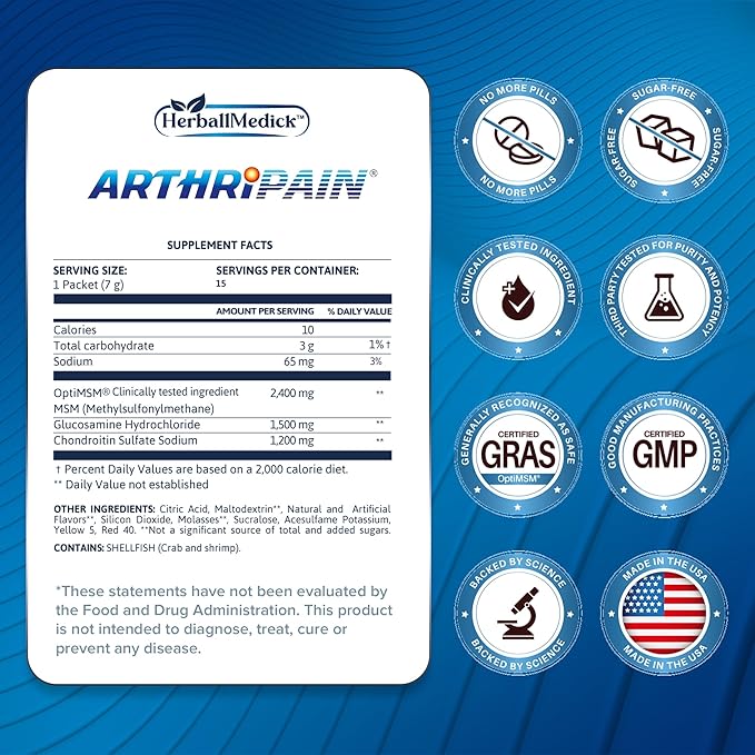 Arthripain – Joint Support Cartilage Repair Supplement – Clinically Tested Joint Juice - Ligament Relief Support – Glucosamine Chondroitin MSM – Swollen Knee Treatment –Sugar-Free – Made in US - 15ct