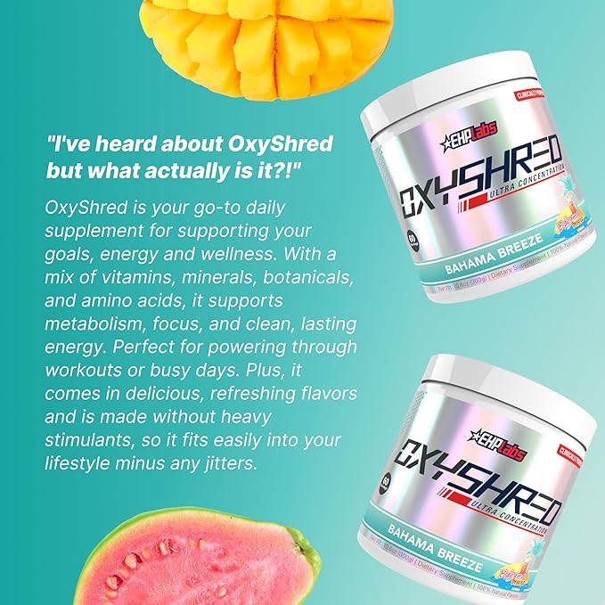 EHP Labs OxyShred Pre Workout Powder - Preworkout Powder with L Glutamine & Acetyl L Carnitine, Energy Boost Drink - Bahama Breeze/Beach, 60 Servings